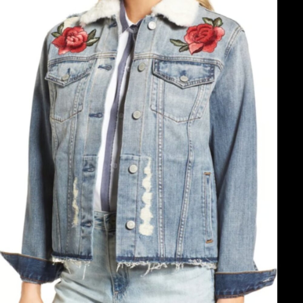 RAILS Denim Jacket Ramsey Floral Embroidered Distressed Denim with Sherpa Fur XS